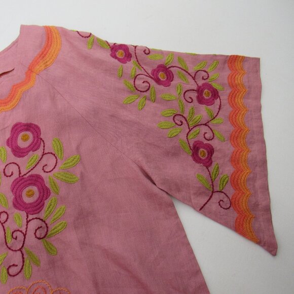 Sister Mary Linen Popover Blouse Pink Floral Embroidered Bird Mexican Style Top - Picture 3 of 7